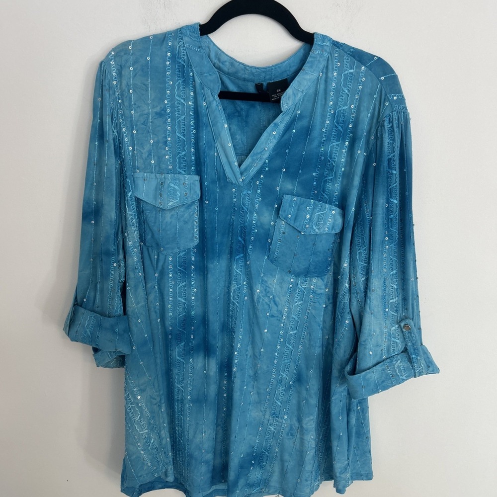 New Directions‎ Women's 3 X Tie-Dye Sea Blue Blouse 3/4 Sleeves Sparkles Flowing
